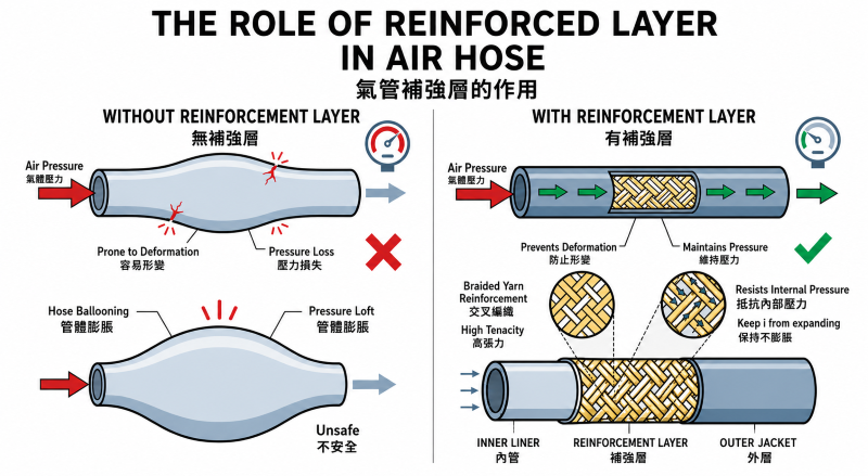SHPI industrial air hose comparison: A reinforced hose structure with high-tenacity fiber braiding vs. a non-reinforced hose prone to deformation and pressure loss. SHPI industrial air hose comparison: A reinforced hose structure with high-tenacity fiber braiding vs. a non-reinforced hose prone to deformation and pressure loss.